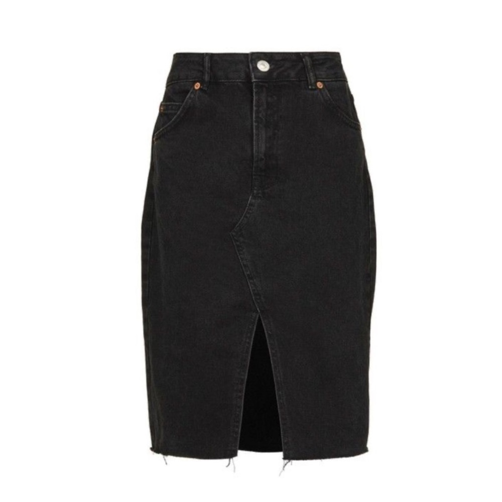 #9 NWT H/G Denim kneelength, black front slit skirt